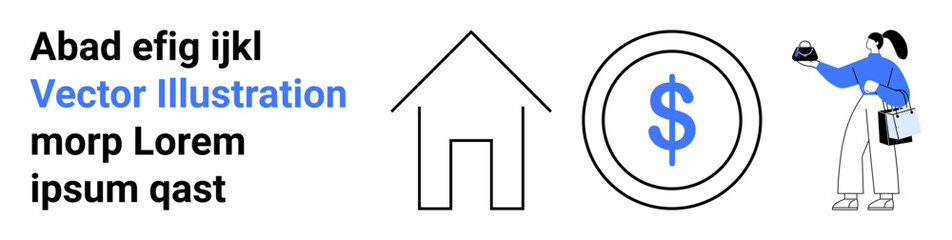 House outline, dollar coin, person carrying a money bag. Ideal for finance, real estate, savings, wealth management, home loans, financial planning flat landing page banner