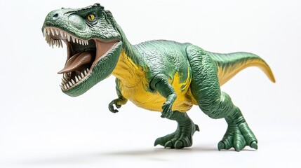Colorful dinosaur toy roaring loudly.