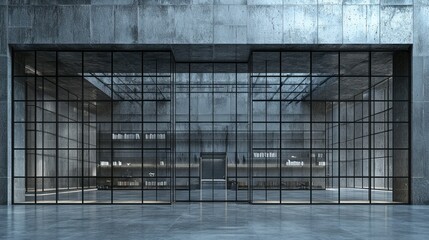 Obraz premium Minimalist interior room with glass facade and concrete walls, used for display