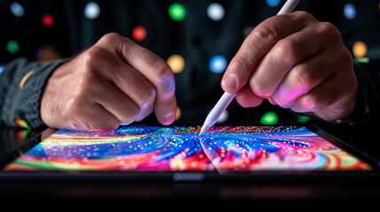 Fototapeta premium Digital Artistry: A close-up of an artist's hands drawing on a digital tablet, with vibrant colors and dynamic brushstrokes, highlighting the precision and creativity of digital art.
