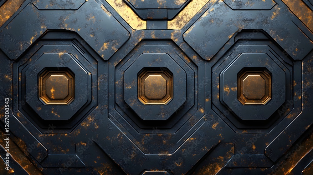 Poster dark metallic background with a geometric pattern of octagons. gold accents highlight the intricate 