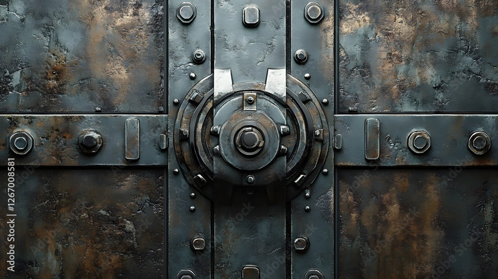Poster close-up of a rusty metal gate featuring an intricate gear mechanism. the image showcases a dark, gr