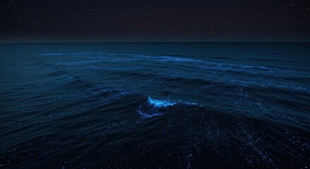 Fototapeta premium Bioluminescent Waves Sparkling Under Starry Night Sky in Dark Ocean