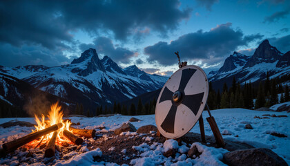 Viking shield by campfire in snowy mountains at dusk, warrior symbolism