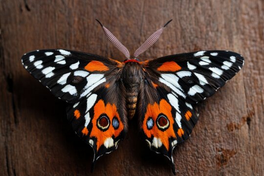 Colorful moth displays patterned wings on wood, attracting attention