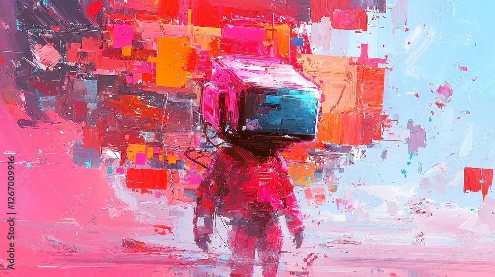 Poster vibrant pixelated brushwork, a captivating exploration of color and texture, showcasing dynamic stro