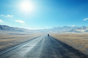 Naklejka premium Motorcycle on sunlit country road, low angle view. AI image