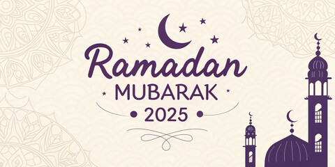 Classic Ramadan Mubarak 2025 card featuring a deep purple mosque silhouette, crescent moon, and intricate Arabic-inspired patterns.