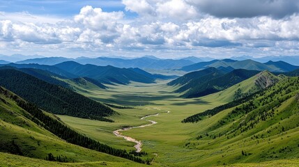 Obraz premium Breathtaking Landscape of Rolling Green Hills and Serene River Under Dramatic Cloudy Sky