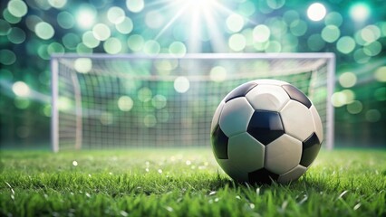 Fototapeta premium A soccer ball rests on a vibrant green field, poised before an empty goal, bathed in the warm glow of sunlight.