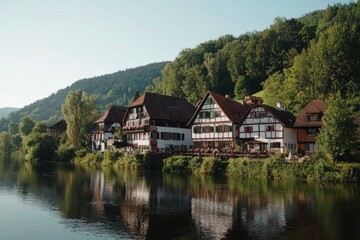 Fototapeta premium Village houses line the riverbank, offering picturesque travel scenery