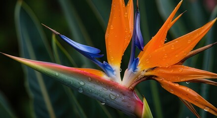 Bird of Paradise Flower with Water Droplets Close Up Botanical Detail