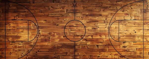 A wooden basketball court with a black line in the center