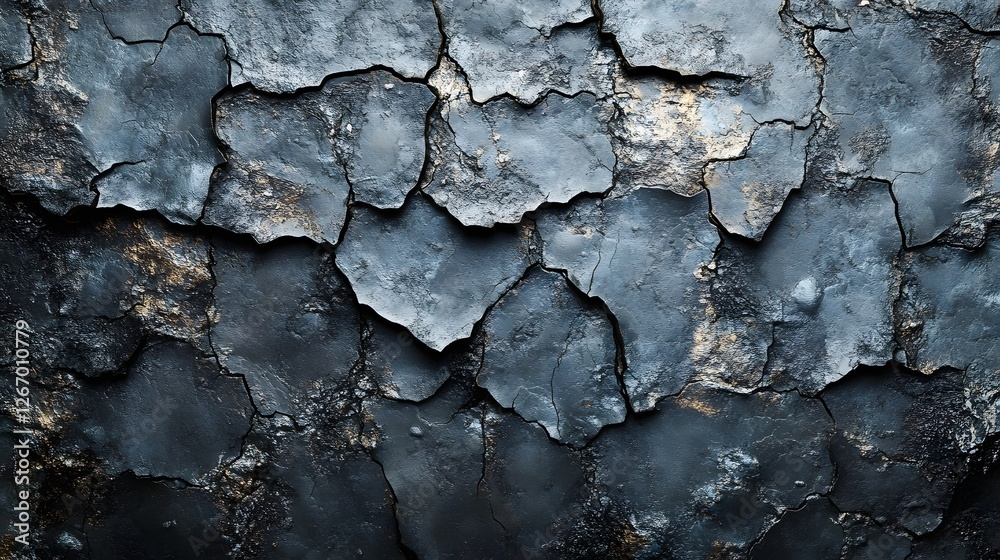 Poster abstract close-up of a dark cracked surface. deep blue and gold tones create a dramatic texture. mac