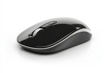 Black computer mouse with scroll wheel on white background. AI image