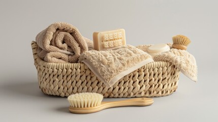 A bamboo basket with beige towels, soap, and a body brush inside it