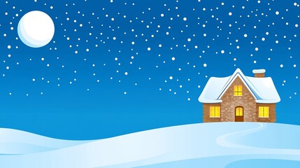 Fototapeta premium Cozy snow covered cottage glows warmly under a softly falling snow and bright winter moon. AI Generated