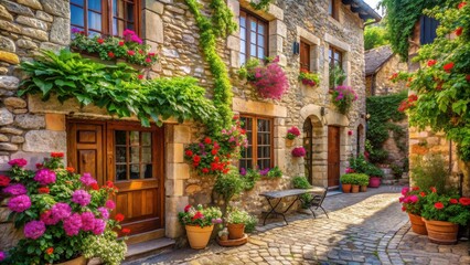 Naklejka premium Sun-drenched cobblestone lane with charming stone houses adorned with vibrant flowering plants and lush greenery