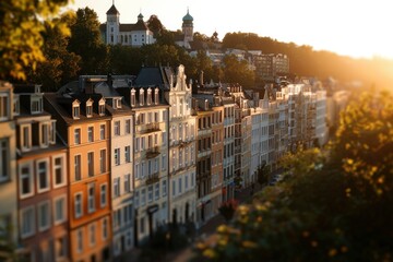 Fototapeta premium City buildings and church with sunlit backdrop, perfect cityscape travel