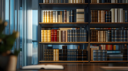 Legal books on civil law on shelf, modern office background