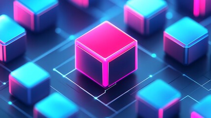 Fototapeta premium Vibrant pink cube glows brightly among blue digital blocks. AI Generated