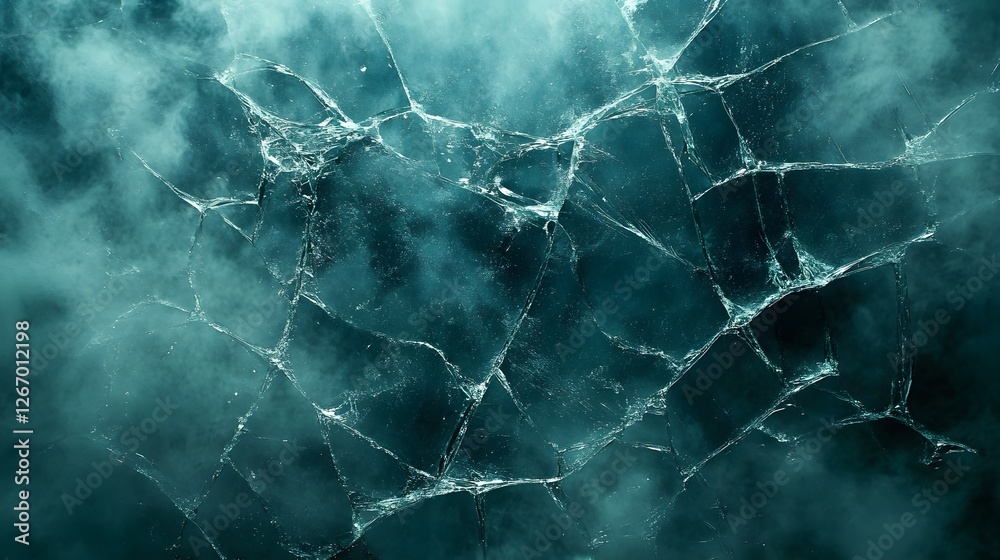 Poster a captivating image of fractured ice, showcasing its intricate texture and cool teal tones. a cold, 