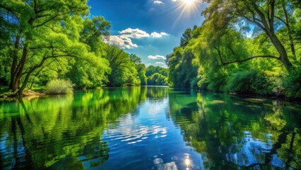Serene River Reflecting Lush Summer Foliage Under a Bright Sunny Sky