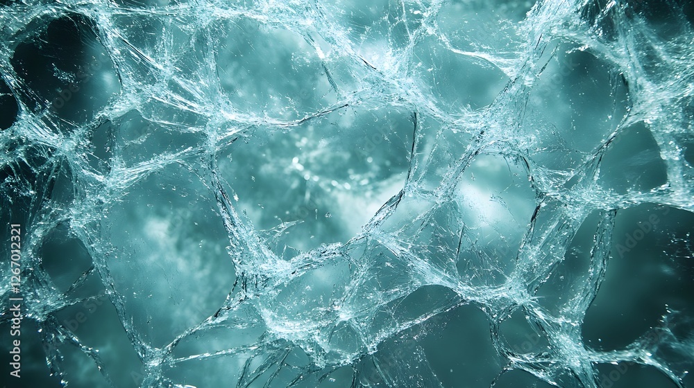 Poster Close-up of teal ice with intricate cracks, showcasing a captivating abstract texture. Macro detail. Abstract Teal Ice Crack Texture: A Mystical Frozen Landscape
