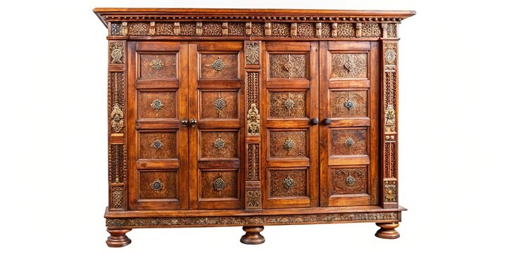 Antique Bengali Wooden Almari Armoire, Isolated on Transparent Background - Vintage Storage Cabinet