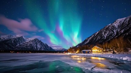 Majestic Northern Lights Over Frozen Lake with Snow-Capped Mountains and Cozy Cabin