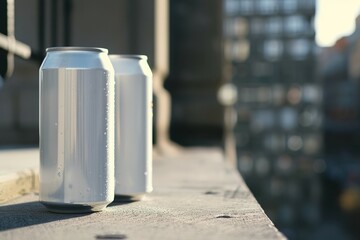 Two beverage cans on rooftop at sunset. AI image