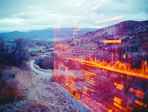 Stunning sunset over a rural landscape overlaid with futuristic data streams.