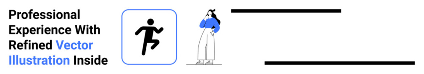 Person in casual attire stands thoughtfully, paired with a dynamic running icon. Ideal for creativity, productivity, innovation, career growth, motivation, mindfulness, flat landing page banner