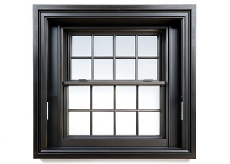 Fototapeta premium Black Double-Hung Window with Muntins, Isolated on White Background - Perfect for Interior Design Projects