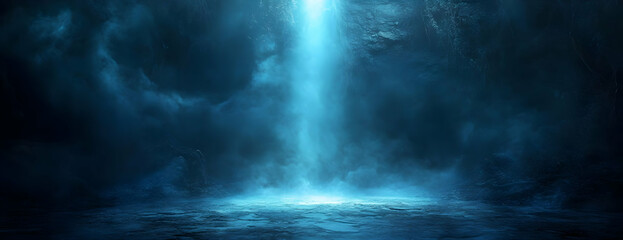 Fototapeta premium Blue light beam, smoky cave, dark background