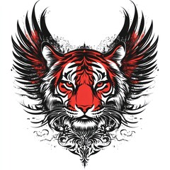Obraz premium Tiger graphic design with red details and wings. Can be used as emblem, sticker, or background