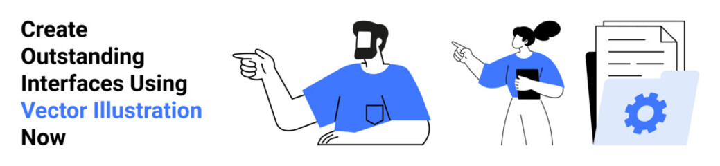 Two professionals interact, pointing and discussing design ideas. Nearby are documents and a gear icon for tech representation. Ideal for teamwork, UX design, software, technology, creativity