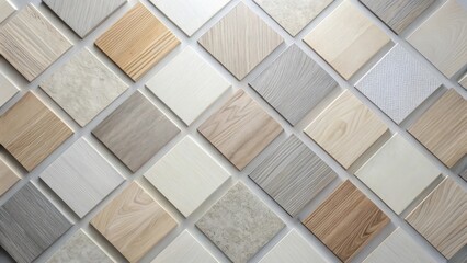 A Diverse Collection of Neutral-Toned Square Wood and Stone Samples Arranged in a Repeating Diamond Pattern for Interior Design Inspiration