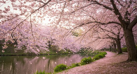 Blooming Cherry Blossom Trees Along Riverbank in Spring Landscape