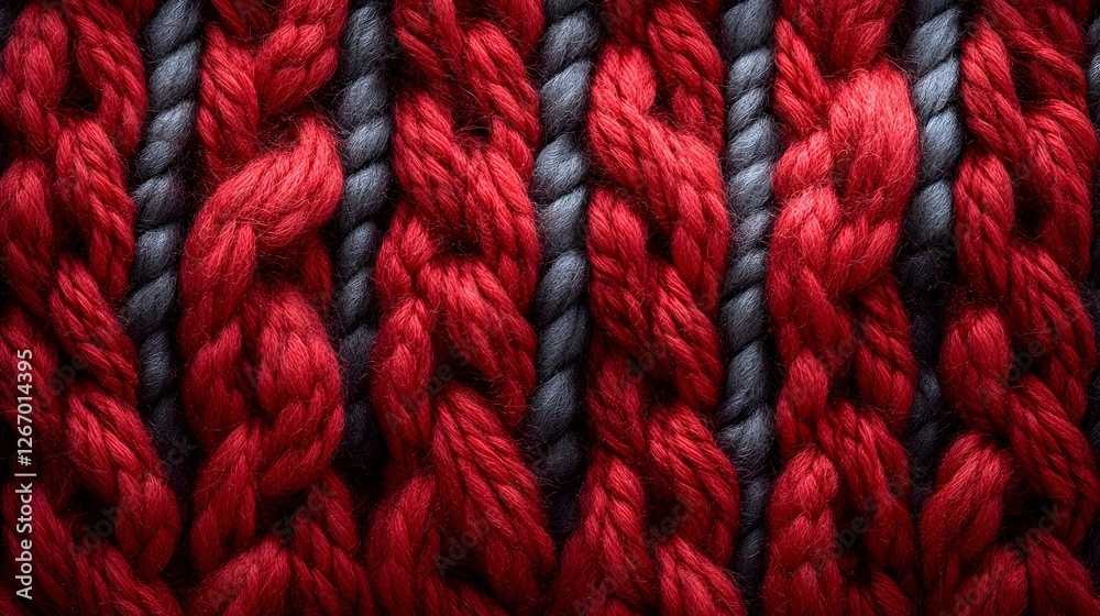 Poster close-up view of a rich red and gray knitted fabric, showcasing the intricate texture and detail of 