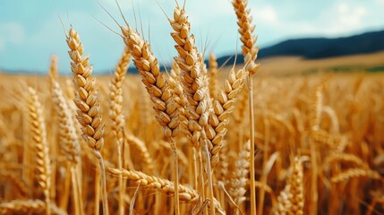 Fototapeta premium Golden Wheat Field Under Bright Sky with Vibrant Colors and Natural Landscape