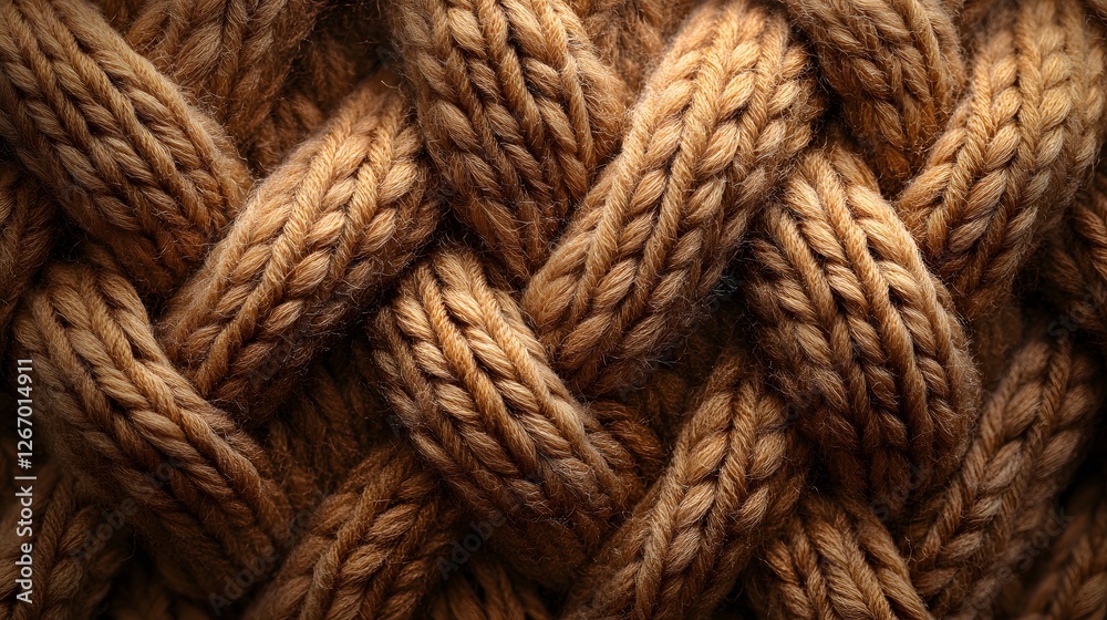 Poster close-up shot of a intricately knitted brown fabric. shows the detailed texture and pattern of the c