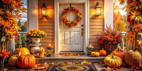 Obraz premium Autumnal Porch Decor Warm Lighting, Pumpkins, and Fall Foliage Enhance Home Entrance