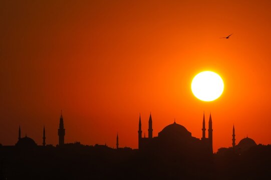 Sunset over the Hagia Sophia mosque in Istanbul, Turkey
