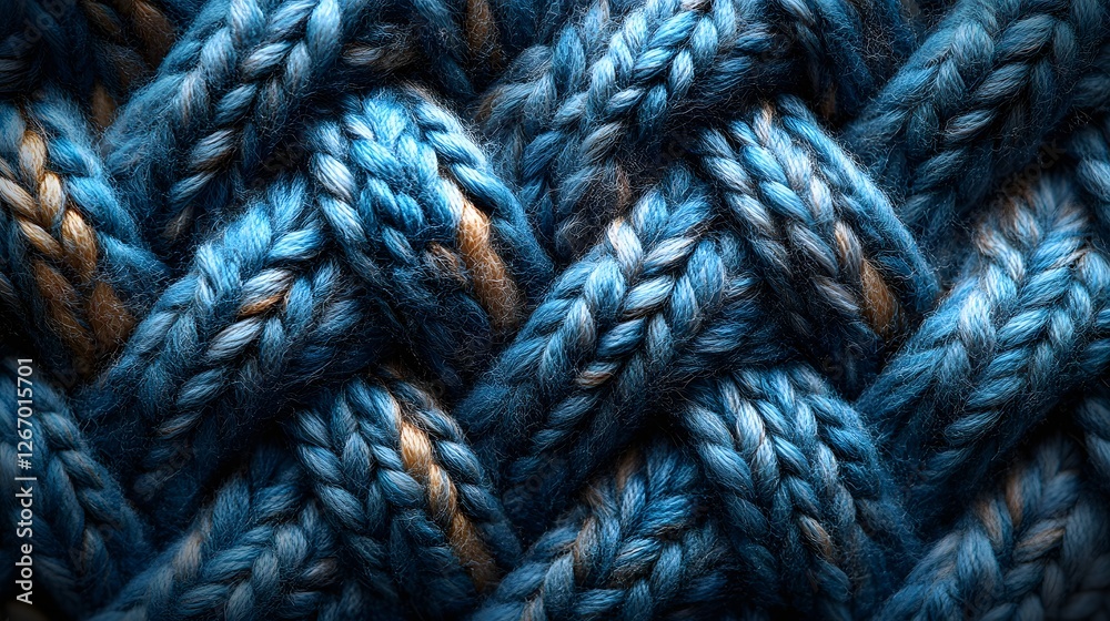 Poster close-up of a knitted fabric with a complex pattern in shades of blue and beige. macro detail. intri