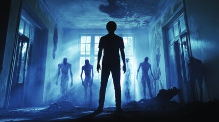 Silhouetted Figure in an abandoned Mansion Surrounded by Haunting Spirits