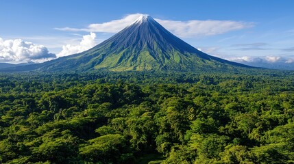 Fototapeta premium Majestic Green Volcano Under Bright Blue Sky with Lush Tropical Forest in Foreground