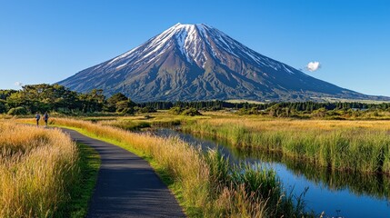 Naklejka premium Scenic view of majestic mountain surrounded by lush greenery and clear blue sky in daytime