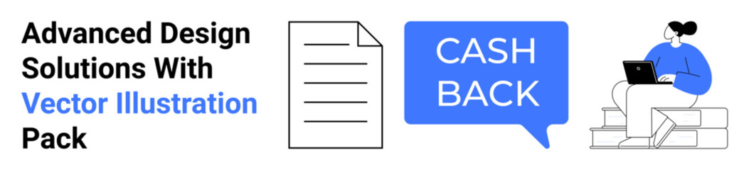 Cashback message in speech bubble, document icon, person on laptop sitting on steps. Ideal for business, finance, marketing, online services, rewards system, e-commerce flat landing page banner