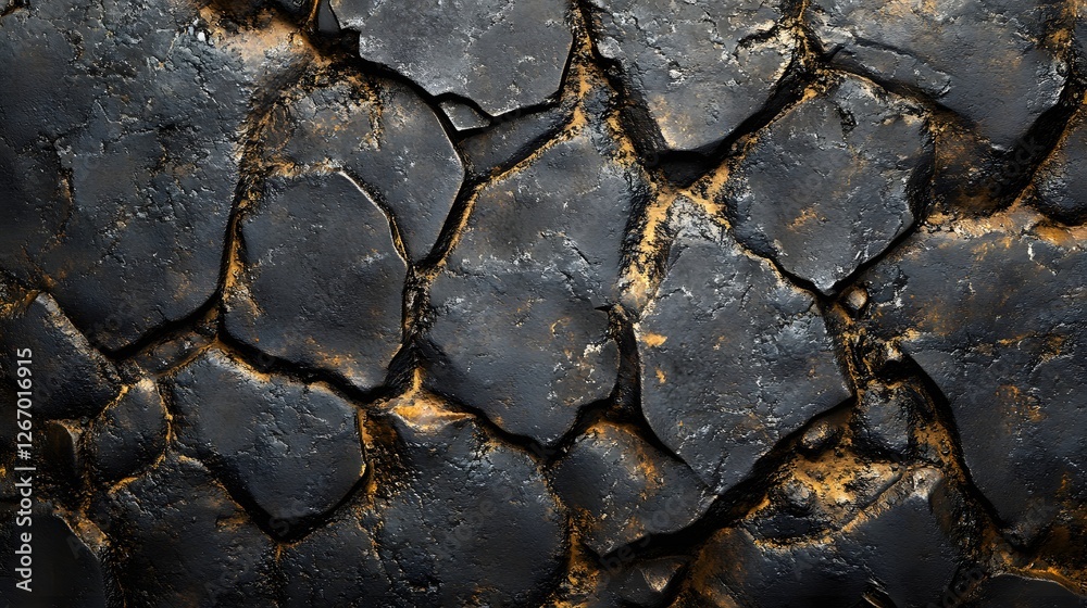 Poster Close-up image of a dark, cracked stone texture with hints of gold. Ideal for background or design purposes. Macro detail. Dark Cracked Stone Texture: A Black and Gold Rock Surface